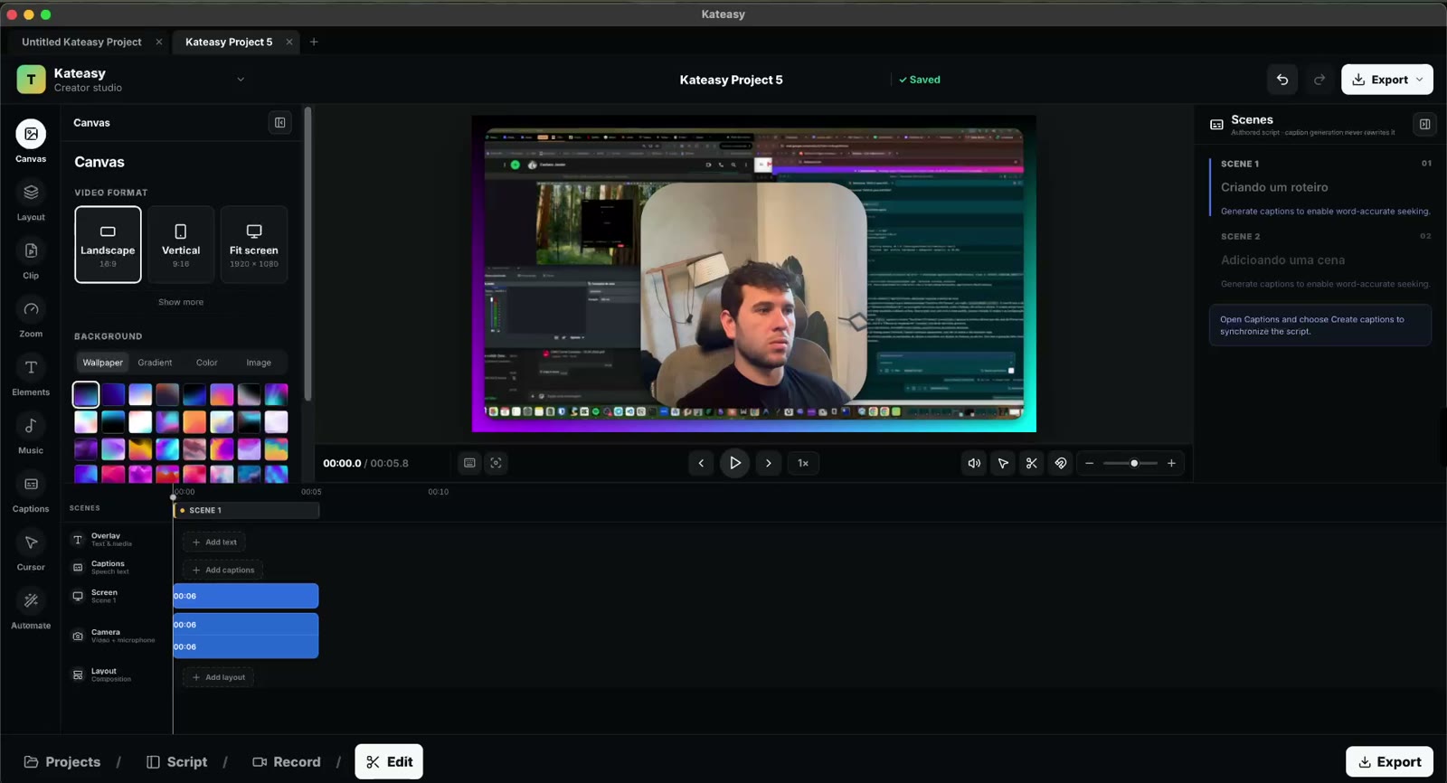 Edit screen with timeline and format options