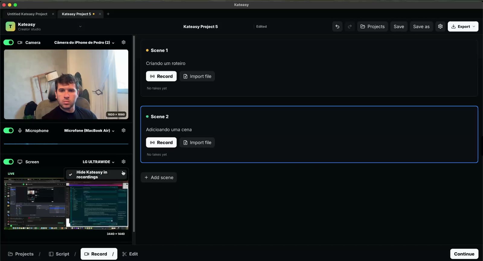 Recording screen with camera, microphone and screen selected